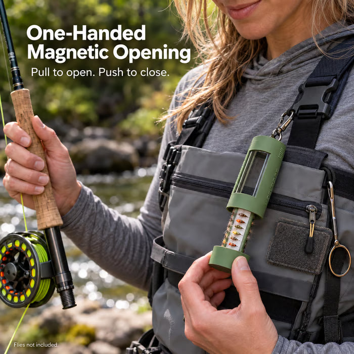 Portable Tube Fly Box | Holds Up To 40 Flies, Dual Clear View Windows, Detachable Core For Drying, Clip-On Fly Fishing Storage Box