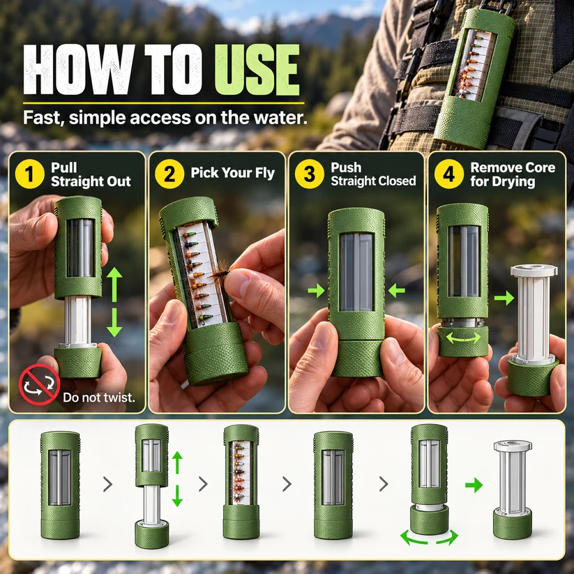 Portable Tube Fly Box | Holds Up To 40 Flies, Dual Clear View Windows, Detachable Core For Drying, Clip-On Fly Fishing Storage Box