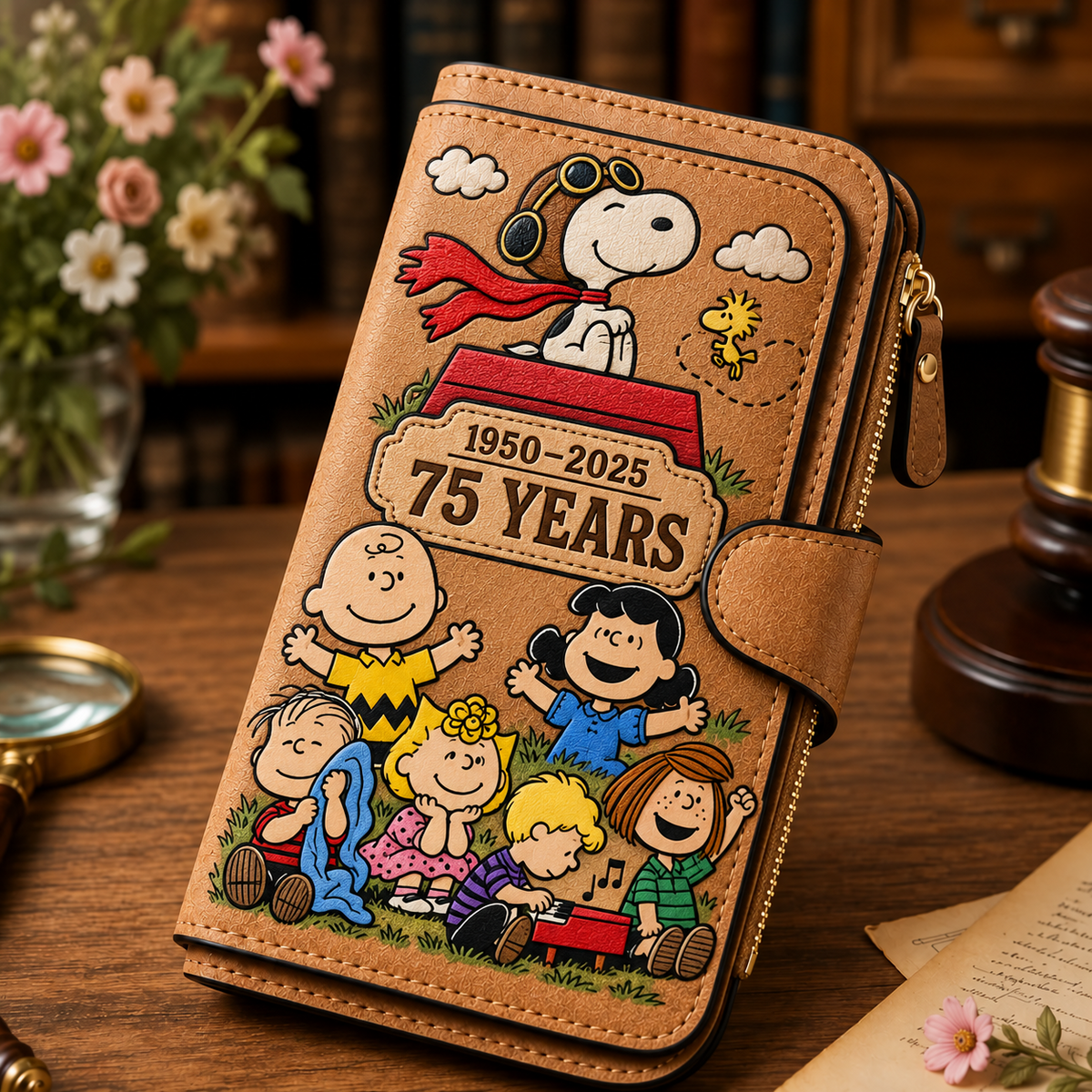 Peanuts 75th Anniversary Snoopy & Friends Large Capacity Leather Wallet